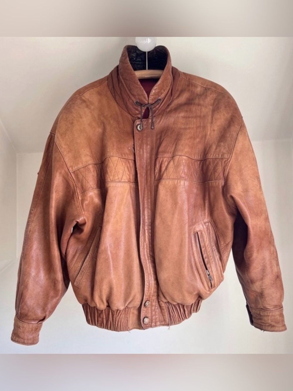 Vintage 90s Leather Bomber Jacket | Quilted Funnel Neck | Oversized Brown | L - Picture 7 of 16